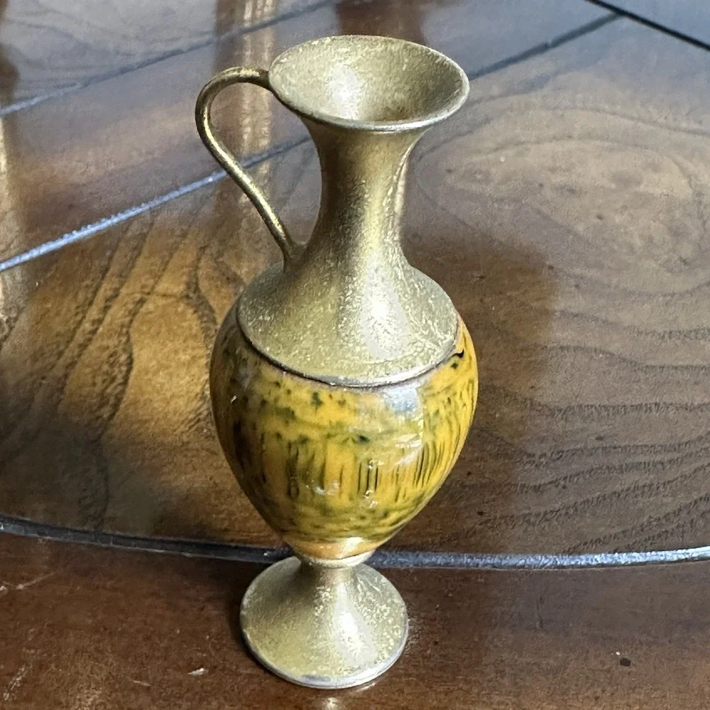 Vintage Miniature 3 Inch Brass Vase Handle‎ Yellow Enamel Acrylic Dollhouse